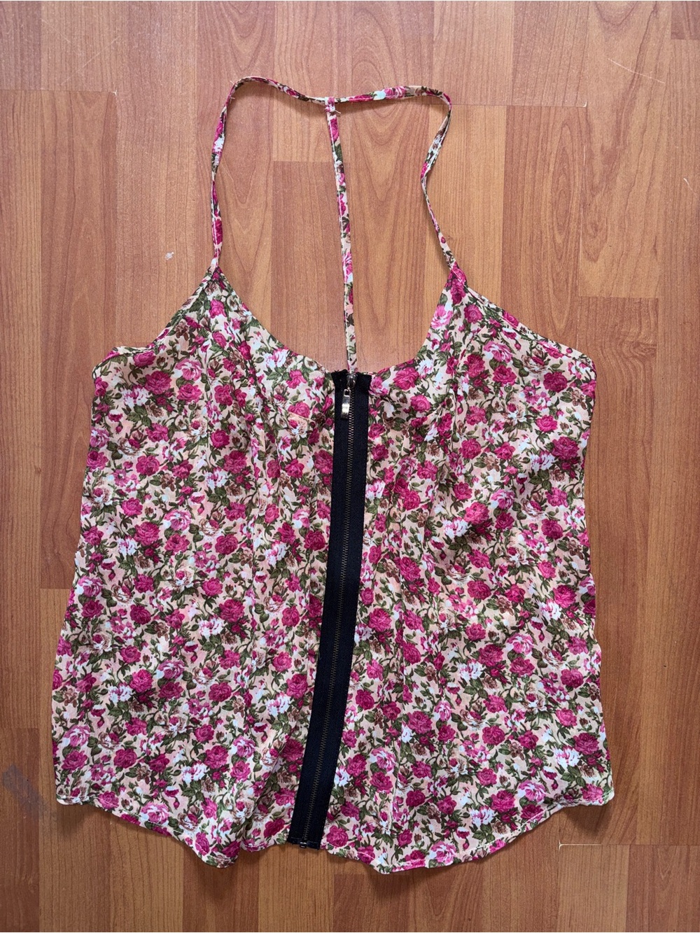 Floral Zip-Front Spaghetti Strap Tank Top - Pink